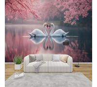 MMYAOKEN Papier Peint Panoramique Cygne 350x256 cm - Décoration Murale Romantique Fleurs Rose - Tapisserie Murales Papier Peint Intissé pour Chambre Salon - Poster Tableaux Photo Muraux