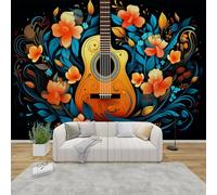 MMYAOKEN Papier Peint Panoramique Musique 100x70 cm - Décoration Murale Guitare Fleurs Botanique - Tapisserie Murales Papier Peint Intissé pour Chambre Salon - Poster Tableaux Photo Muraux