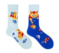 Mmyzao Chaussettes amusantes unisexes 35-46 - Motifs asymétriques gauche et droite - Motifs variés dans les domaines des animaux, de la nourriture, du sport et de l'art, Chat voleur de poisson, 35-46