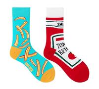 Mmyzao Chaussettes amusantes unisexes 35-46 - Motifs asymétriques gauche et droite - Motifs variés dans les domaines des animaux, de la nourriture, du sport et de l'art, Ketchup et frites, 35-46
