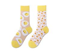 Mmyzao Chaussettes amusantes unisexes 35-46 - Motifs asymétriques gauche et droite - Motifs variés dans les domaines des animaux, de la nourriture, du sport et de l'art, Œuf plat timide, 35-46