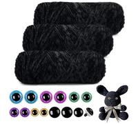 Mngevcy Lot de 3 pelotes de laine chenille de 150 m - Noir - Pour crochet, laine moelleuse - Avec yeux de sécurité pour le tricot