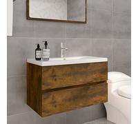 MNISDFL Armoire de salle de bain flottante - Meuble de rangement autoportant - Meuble de rangement avec bac intégré - Bois de chêne fumé