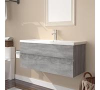 MNISDFL Armoire de salle de bain flottante - Meuble de rangement autoportant - Meuble de rangement avec bac encastrable - Gris - Bois Sonoma