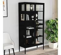 MNISDFL Armoire multi-usages - Buffet de cuisine - Armoire d'appoint - Vitrine - Noire - 90 x 40 x 180 cm - Acier et verre trempé