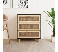 MNISDFL Buffet Noir 60x30x70 cm avec 3 Tiroirs en Rotin Tressé, Meuble de Rangement en Bois d'Ingénierie et Pieds en Bois de Pin Massif, Armoire pour Salon
