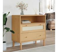 MNISDFL Buffet SENJA en Bois Massif de pin Marron 80x40x80 cm, Armoire de Rangement avec 2 tiroirs et Compartiment, façade en résine tressée Aspect rotin, Finition Vernis UV, Meuble