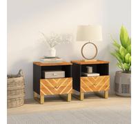 MNISDFL Lot de 2 tables de chevet en bois massif de mangue marron et noir avec tiroir et compartiment pour espace de rangement, plateau supérieur stable et pieds en fer, meubles robustes en bois