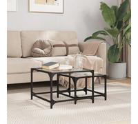 MNISDFL Lot de 2 tables gigognes avec plateau en verre transparent en acier pour salon, salle à manger, intérieur
