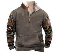 MNRIUOCII Pull Hommes Amérindiens Sweatshirts Rétro Indiens 3D Imprimé Ethnique Polaire Pull Polaire avec 1/4 Fermeture éclair Veste Manches Longues Pull Sans Capuche Sweater Pull de Travail, gris