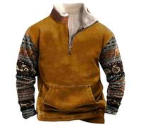 MNRIUOCII Pull Hommes Amérindiens Sweatshirts Rétro Indiens 3D Imprimé Ethnique Polaire Pull Polaire avec 1/4 Fermeture éclair Veste Manches Longues Pull Sans Capuche Sweater Pull de Travail, marron