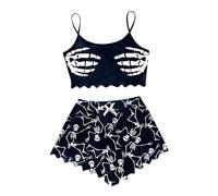 MNRIUOCII Pyjama d'Halloween pour femme - Haut court avec squelette mains - Imprimé spaghetti - Ensemble pyjama avec imprimé - Combinaison d'intérieur légère - 2 pièces - Vêtement de nuit
