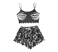 MNRIUOCII Pyjama d'Halloween pour femme - Haut court avec squelette mains - Imprimé spaghetti - Ensemble pyjama avec imprimé - Combinaison d'intérieur légère - 2 pièces - Vêtement de nuit