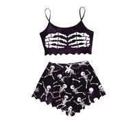 MNRIUOCII Pyjama d'Halloween pour femme - Haut court avec squelette mains - Imprimé spaghetti - Ensemble pyjama avec imprimé - Combinaison d'intérieur légère - 2 pièces - Vêtement de nuit