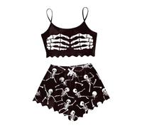 MNRIUOCII Pyjama d'Halloween pour femme - Haut court avec squelette mains - Imprimé spaghetti - Ensemble pyjama avec imprimé - Combinaison d'intérieur légère - 2 pièces - Vêtement de nuit