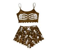 MNRIUOCII Pyjama d'Halloween pour femme - Haut court avec squelette mains - Imprimé spaghetti - Ensemble pyjama avec imprimé - Combinaison d'intérieur légère - 2 pièces - Vêtement de nuit