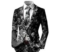 MNRIUOCII Veste d'Halloween à manches longues pour homme - Avec un bouton - Coupe ajustée - Manteau de loisirs élégant - Veste de costume effrayante - Tête de mort - Blazer imprimé - Veste sportive