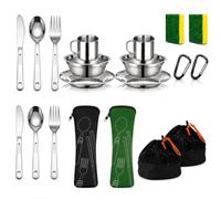 Mnsconkl Vaisselle Camping Inox 20 Pièces pour 2 Personnes avec Sac,Voyage | Set complet avec assiettes,bols,tasse et couverts en inox pour 2 personnes.Idéal camping, voyage et pique-nique