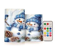 Mnsruu Bonhomme de neige mignon chapeau bleu bougies pilier sans flamme avec minuterie à piles LED bougie changement de couleur