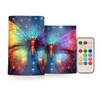 Mnsruu Bougies pilier sans flamme avec minuteur à distance à LED à piles avec changement de couleur et motif papillon arc-en-ciel à paillettes