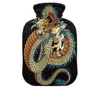 Mnsruu Bouillotte avec housse en velours - Motif dragon japonais sur dragon noir - 1 l - Transparent - Pour soulager la douleur de la main - Thérapie par le chaud et le froid