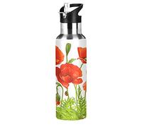 Mnsruu Bouteille d'eau isotherme en acier inoxydable avec paille Motif coquelicot rouge 590 ml