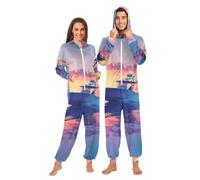 Mnsruu Combinaison à capuche en polaire pour homme Motif bateau de pêche lever de soleil Bleu, Multi1149, XXL Taille tall