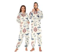 Mnsruu Combinaison pyjama une pièce à capuche pour homme et femme Motif baleine bateau, multicolore, S