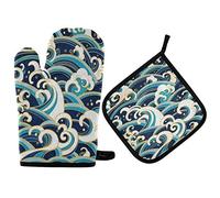 Mnsruu Ensemble de manique et manique vintage japonais Ocean Wave - Résistant à la chaleur - Pour la cuisine, la pâtisserie, le barbecue