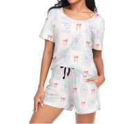 Mnsruu Ensemble de pyjama à manches courtes avec motif à carreaux et fleurs pour femmes, ensemble de pyjama pour femme, vêtements de détente avec poche, taille S, I1553, XL