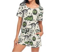 Mnsruu Ensemble de pyjama à manches courtes avec motif graffiti dinosaure pour femme, vêtements de détente avec poche, taille S, H771, S