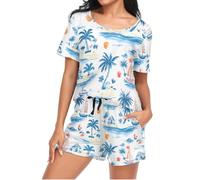 Mnsruu Ensemble de pyjama à manches courtes pour femme avec motif île palmiers - Ensemble de pyjama pour femme avec poche - Taille S, I361, M