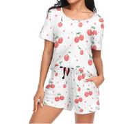 Mnsruu Ensemble de pyjama à manches courtes pour femme, motif cœur cerise rouge, tenue de détente avec poche, taille S, I112, M