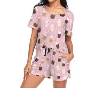 Mnsruu Ensemble de pyjama à manches courtes pour femme, motif thé au lait, vêtements de détente avec poche, taille S, I276, M