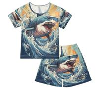 Mnsruu Ensemble de pyjama d'été à manches courtes en coton pour enfants motif requin Break Out Of The Waves, multicolore, 8 ans