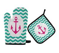 Mnsruu Gant de cuisine et manique motif ancre marine à chevrons bleu rayé et bleu résistant à la chaleur pour la cuisson, le barbecue