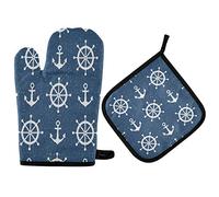 Mnsruu Gant de cuisine et manique, motif ancre nautique et roue de bateau, résistant à la chaleur, pour la cuisine, la cuisson, le grill, le barbecue