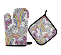Mnsruu Gant de cuisine et manique, motif licorne, arc-en-ciel, nuage gris - Résistant à la chaleur - Pour la cuisine, la cuisson, le barbecue