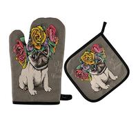 Mnsruu Gant de cuisine résistant à la chaleur avec motif de chien carlin hippie avec fleur et manique