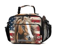 Mnsruu Grand sac à déjeuner isotherme pour enfants, garçons et filles, motif chevaux du désert occidental, drapeau américain, sac fourre-tout réutilisable avec bandoulière