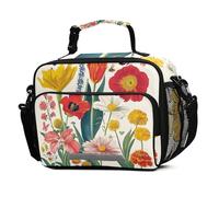 Mnsruu Grand sac à déjeuner isotherme réutilisable avec bandoulière pour enfants, garçons et filles, motif coquelicot, marguerite, papillon et fleurs sauvages