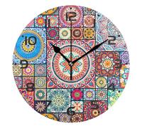 Mnsruu Grande horloge murale de 25 cm, horloge analogique atomique silencieuse style tribal marocain, bohème, fonctionne avec piles, sans tic-tac, cuisine, salle de classe, décoration d'intérieur