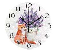 Mnsruu Horloge murale de Provence avec chat et fleurs de lavande pour salon, horloge ronde silencieuse sans tic-tac 25 cm, horloges faciles à lire, horloges de cuisine, décoration d'intérieur