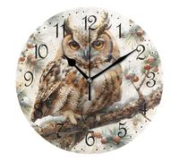 Mnsruu Horloge murale Hibou Branche d'hiver silencieuse sans tic-tac Horloge murale décorative à piles 25 x 25 cm