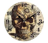 Mnsruu Horloge Murale Ronde silencieuse sans tic-taquage Vintage Tatouage Tête de Mort Art Horloge pour la Maison Chambre Bureau Facile à Lire