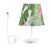 Mnsruu Lampe de chevet à feuilles tropicales flamant rose - Lampe de table blanche - Ampoules LED - Abat-jour en tissu pour chambre à coucher et salon - Taille M