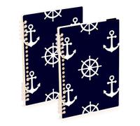 Mnsruu Lot de 2 cahiers à spirales A5 bleu marine et blanc avec motif ancre pour le travail, l'école, l'écriture, le journal intime, 120 pages, 15 x 21 cm