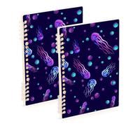 Mnsruu Lot de 2 carnets de notes à spirale A5 dessinés à la main avec motif méduses aquarelles pour le travail, l'école, l'écriture, le journal, ligné, 120 pages, 15 x 21 cm