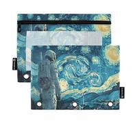 Mnsruu Lot de 2 trousses à crayons à 3 anneaux avec fermeture éclair et fenêtre transparente Motif astronaute Van Gogh, multicolore, Taille unique, Trousse de beauté