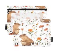 Mnsruu Lovely Capybara Flower Lot de 2 trousses à crayons avec fermeture éclair et fenêtre transparente pour ranger les fournitures scolaires et de bureau, multicolore, Taille unique, Trousse de